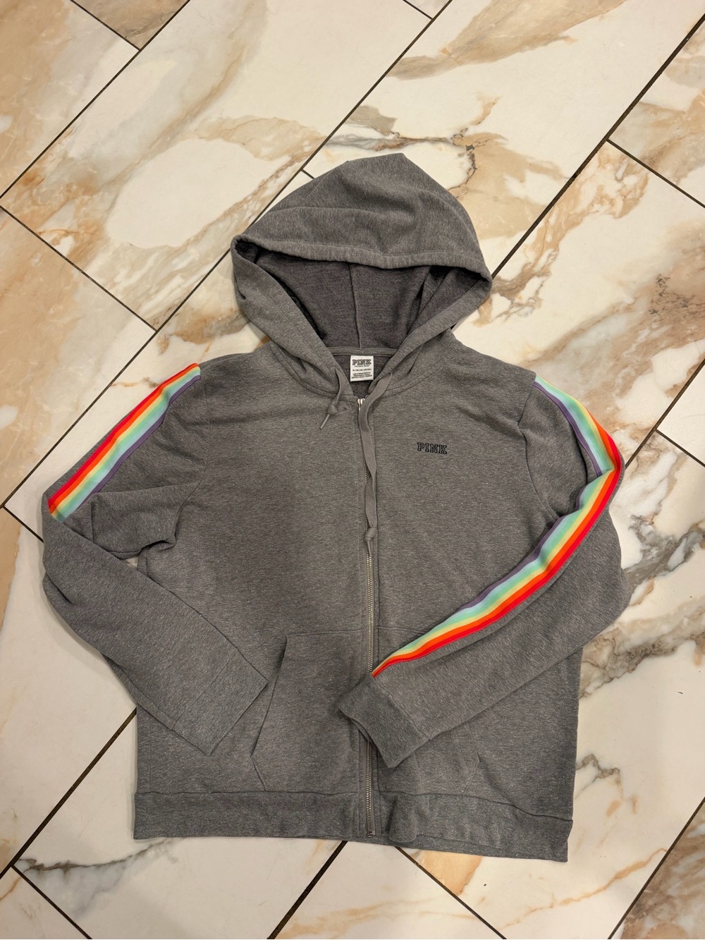 PINK Victoria's Secret Gray Zip Hoodie with Rainbow Sleeve Stripes